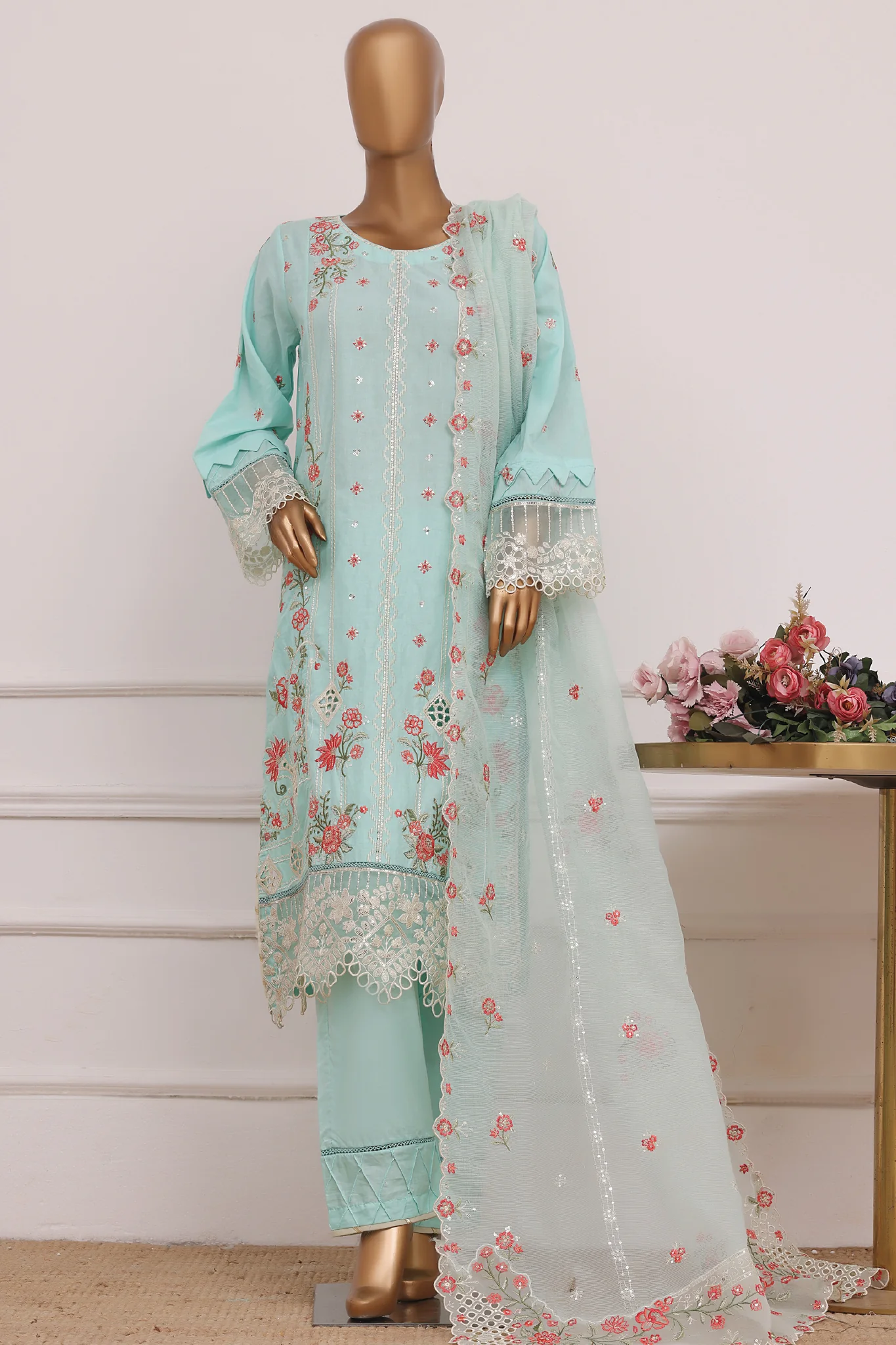 Bin Saeed Stitched 3 Piece Luxury Emb Lawn Suit D-2844 Ferozi Summer Festive Collection