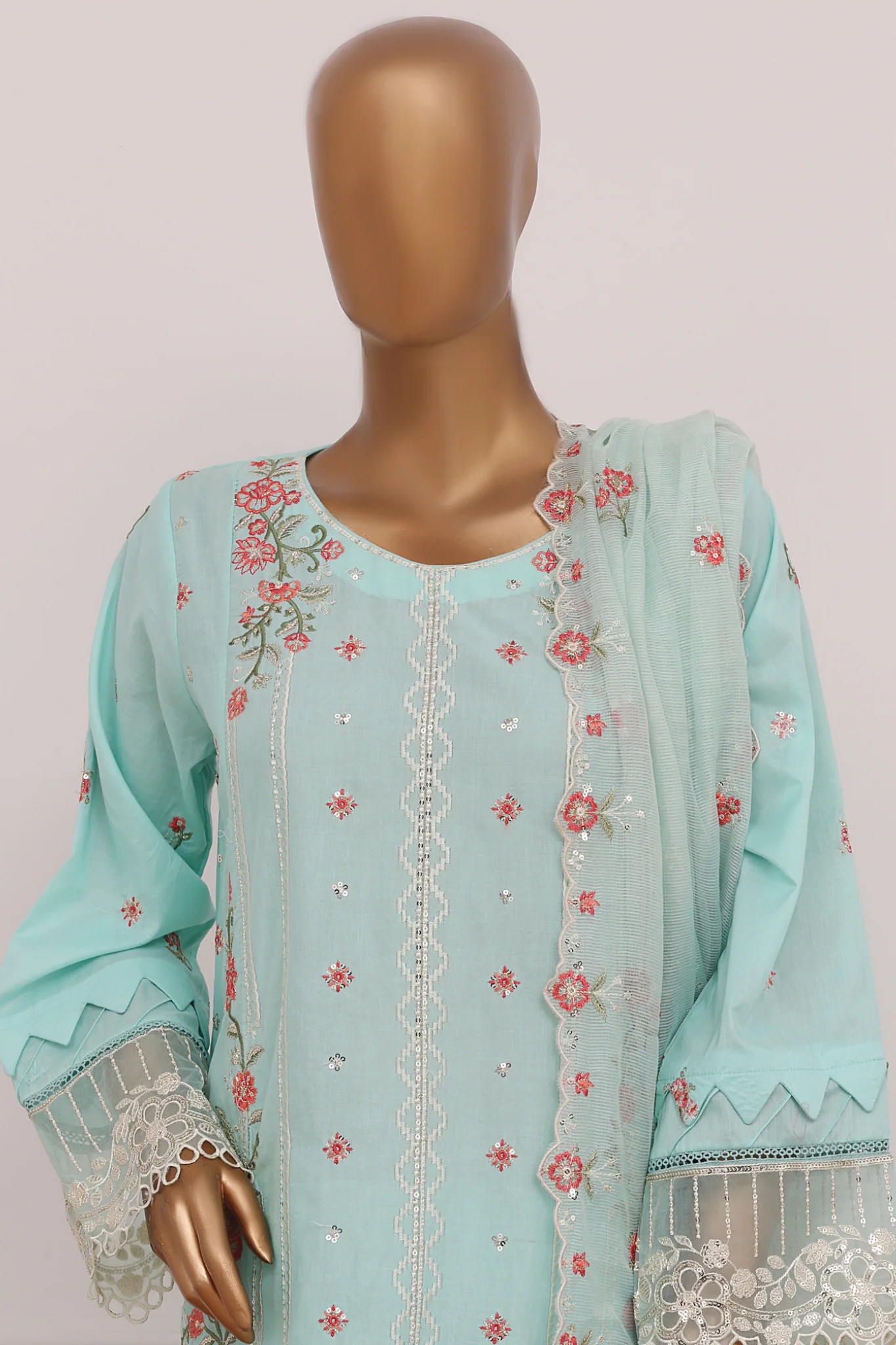 Bin Saeed Stitched 3 Piece Luxury Emb Lawn Suit D-2844 Ferozi Summer Festive Collection - Image 3