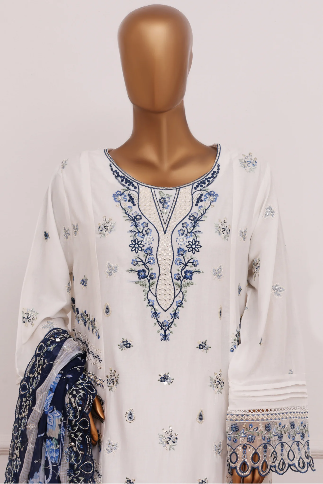 Bin Saeed Stitched 3 Piece Luxury Emb Lawn Suit D-2845 Off White Summer Festive Collection - Image 3