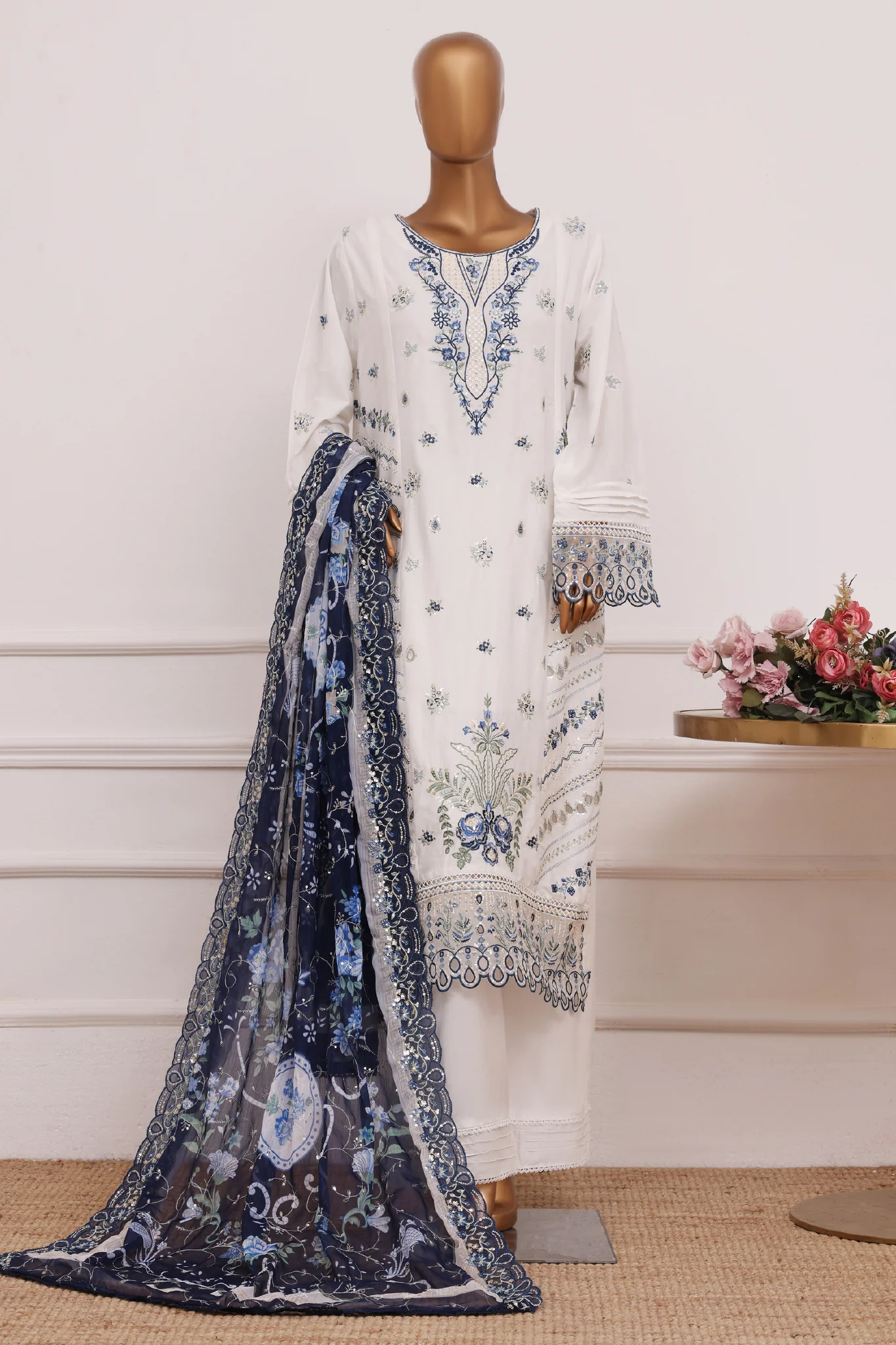 Bin Saeed Stitched 3 Piece Luxury Emb Lawn Suit D-2845 Off White Summer Festive Collection