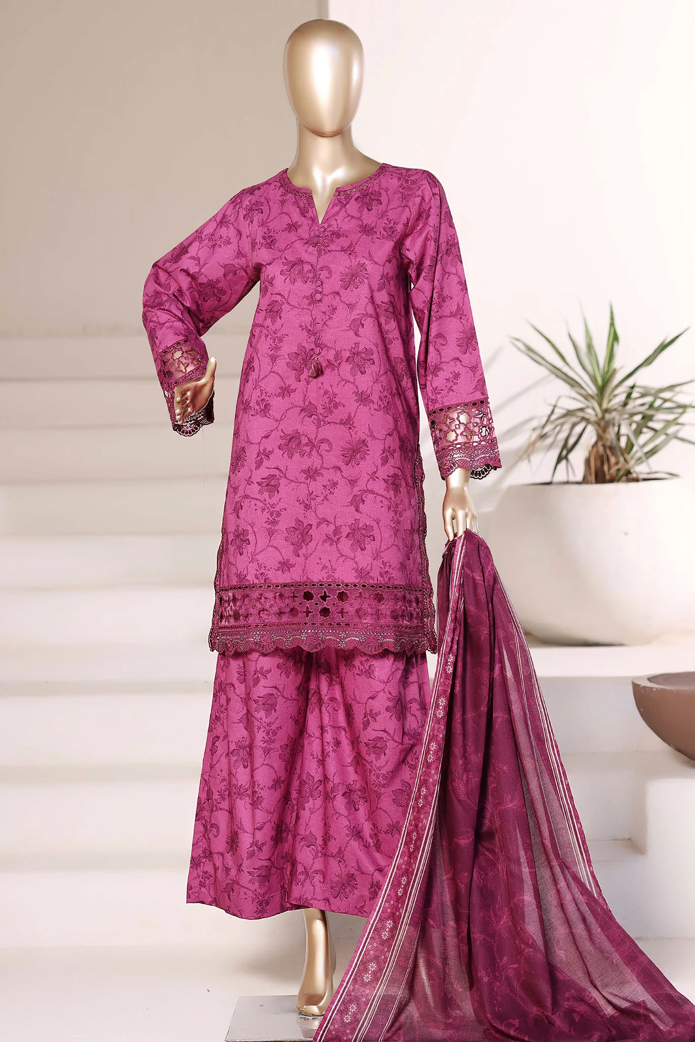 Malika By Sada Bahar Stitched 3 Piece Emb Lawn Suit D-3929 Magenta Festive Summer Collection