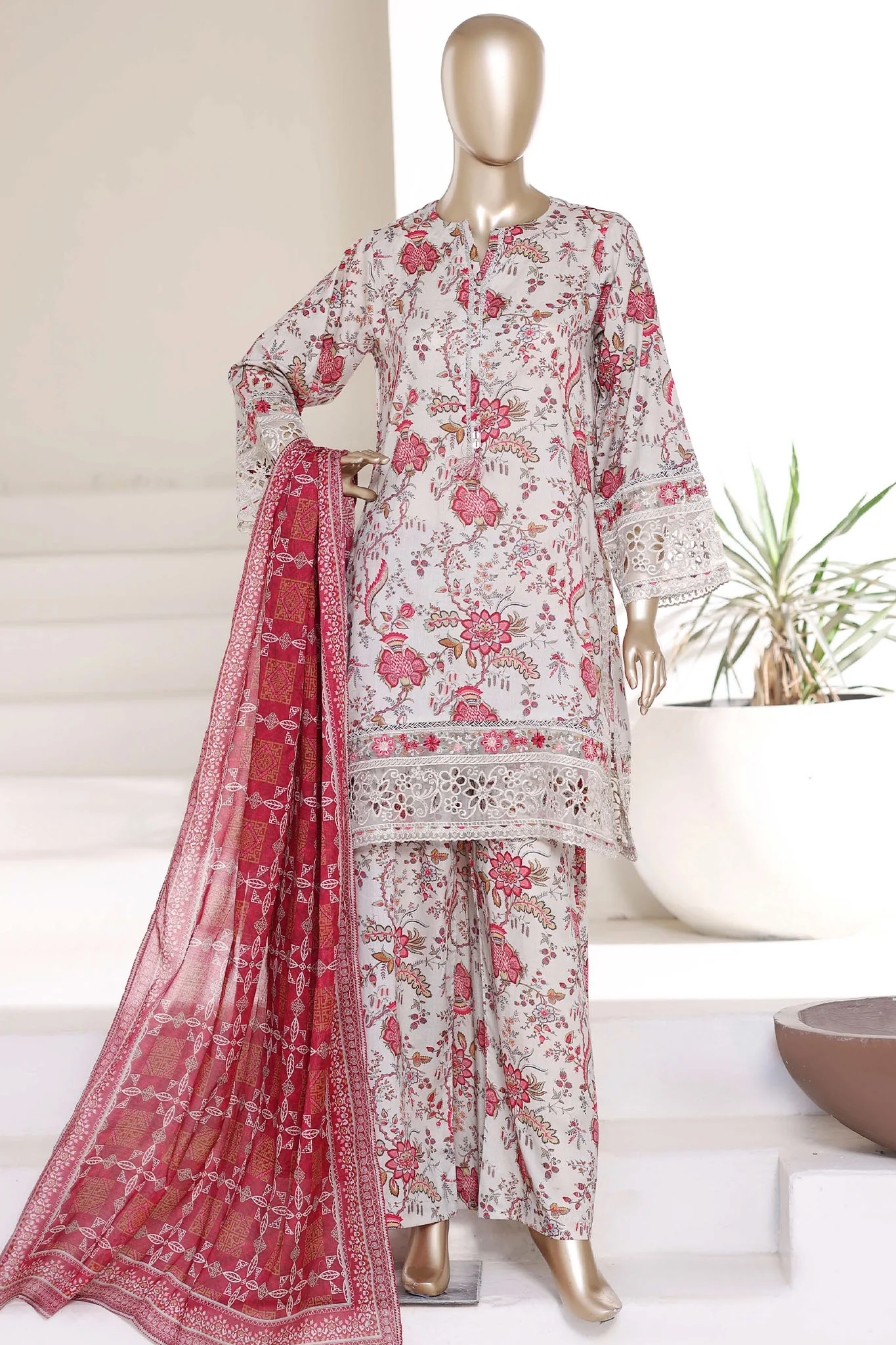 Sada Bahar Malika Festive Vol-02 Stitched 3 Piece Emb Lawn Suit D-5356 Skin | Original Pakistani Summer Pret