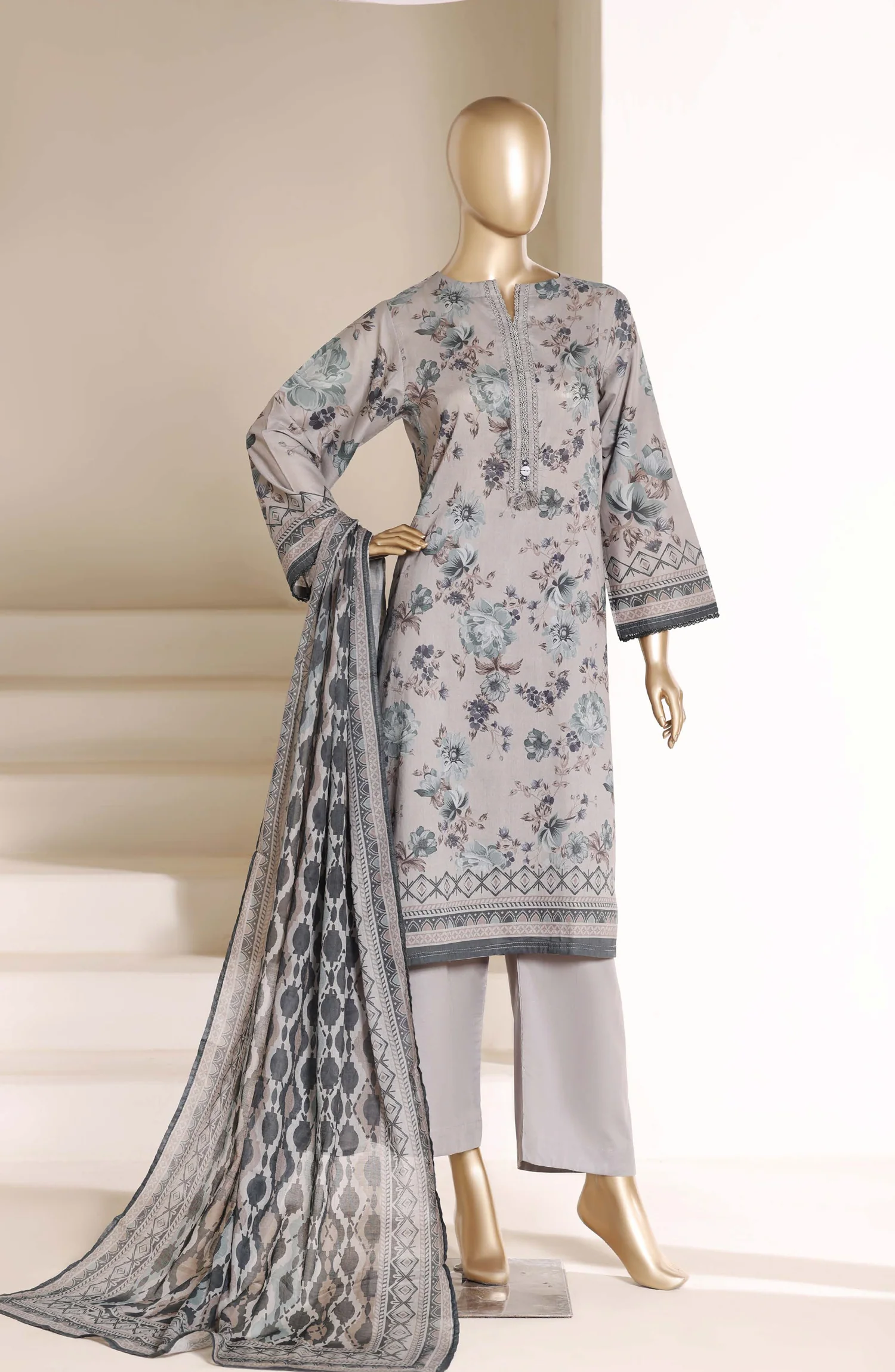Sadabahar Stitched 3 Piece Printed Lawn Suit D-04 Grey Summer Ready to Wear Collection