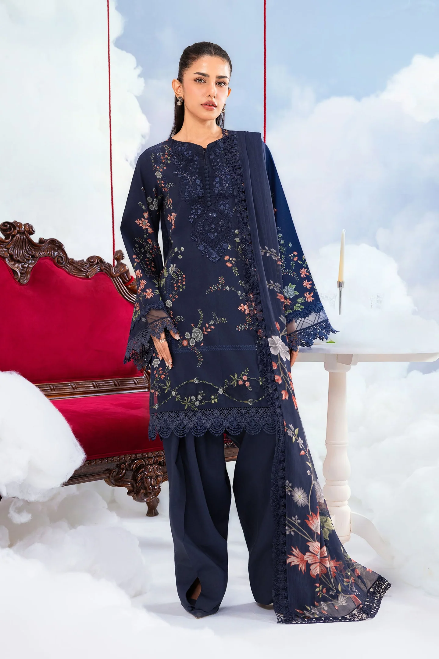 Maria B 3 Piece Unstitched Embroidered Lawn Suit MB-CUSV14-07B Blue Summer