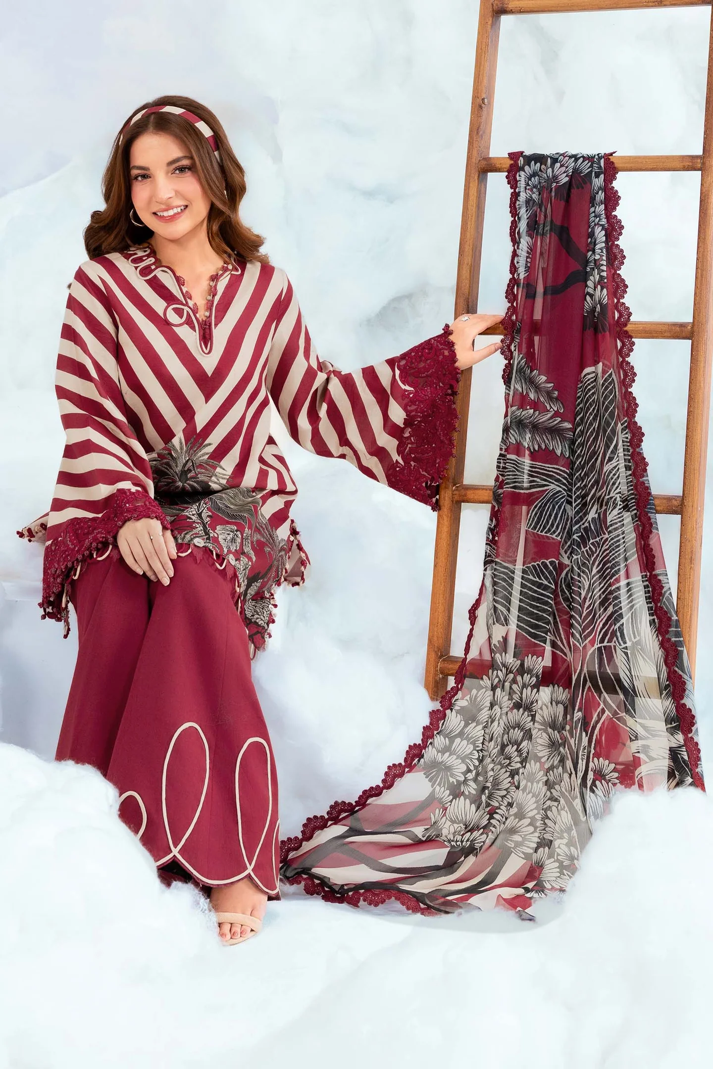 Maria B 3 Piece Unstitched Embroidered Lawn Suit MB-CUSV14-08B Red Summer Collection - Image 2