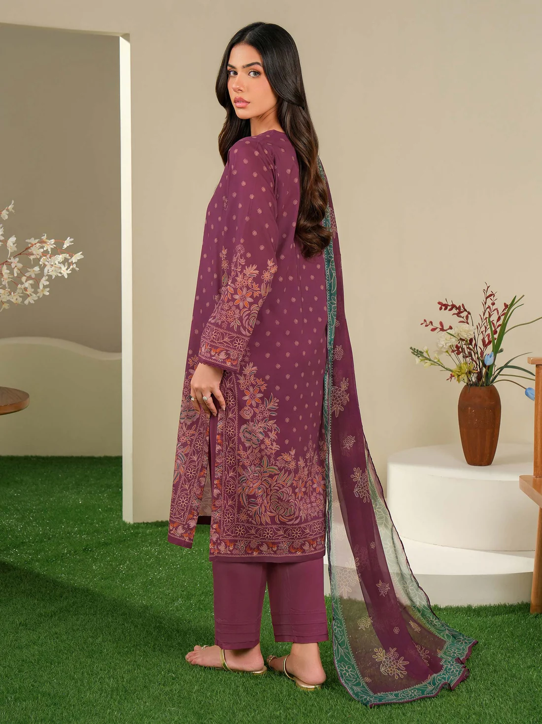3 Piece Printed Lawn Unstitched Suit U3742SU Plum Summer Collection - Image 2